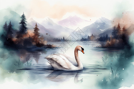 水墨手绘湖中游动的天鹅图片