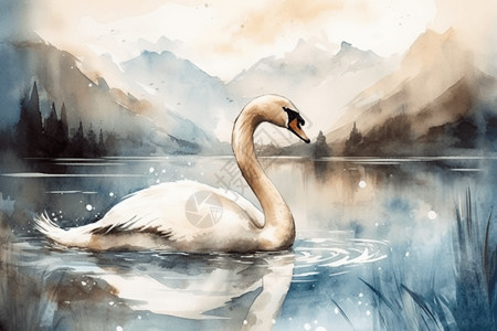 水墨手绘水中的白天鹅图片