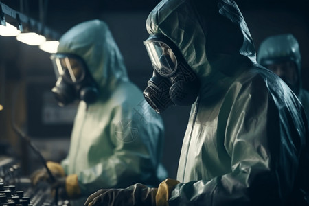 化学危险品穿着防护服的化工厂工人背景