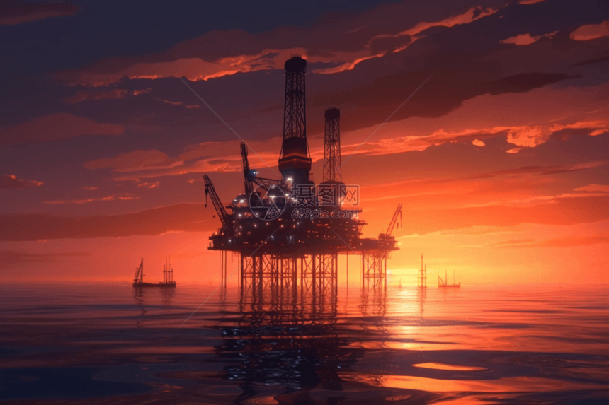 夕阳下石油钻井平台图片