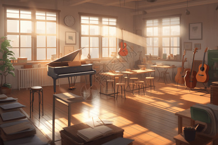吉他里面素材阳光洒落的音乐教室插画