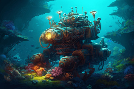 水下机器人水中的机器潜艇插画