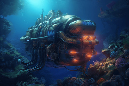 水下机器人昏暗的水下潜艇插画