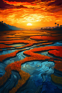 美丽晚霞下的稻田图片