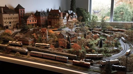 全模型村庄边的火车背景图片
