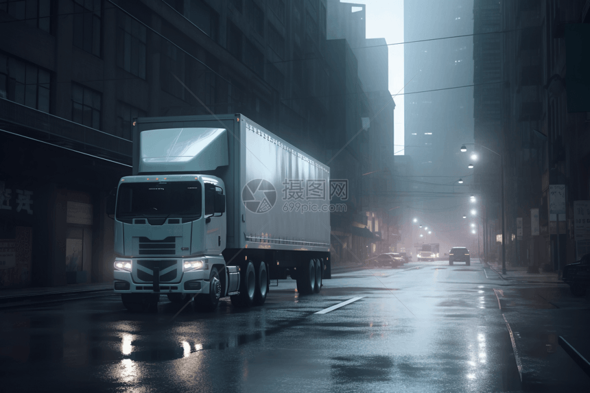 城市街道行驶的货运卡车图片
