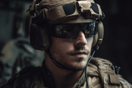 防护智能带头盔和眼镜的士兵背景
