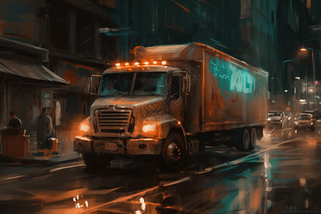 卡车在夜间的城市街道上行驶高清图片