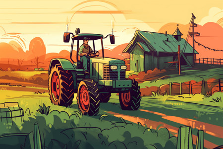 农田作业农民开着拖拉机插画