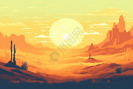 沙漠中的黄昏沙漠中的晚霞插画