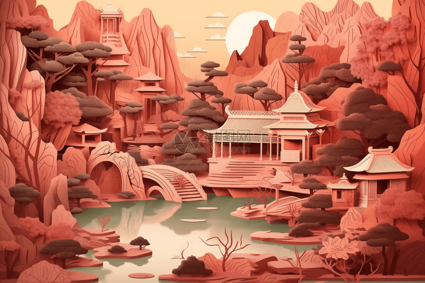 中国古代景观插图剪纸图片