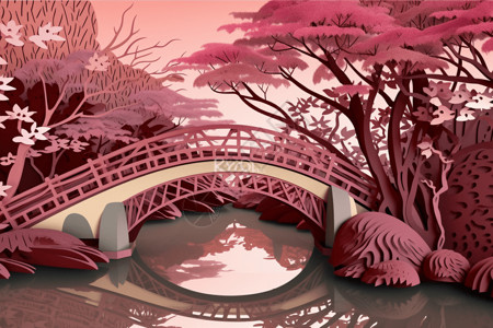 传统中国桥立体剪纸背景图片