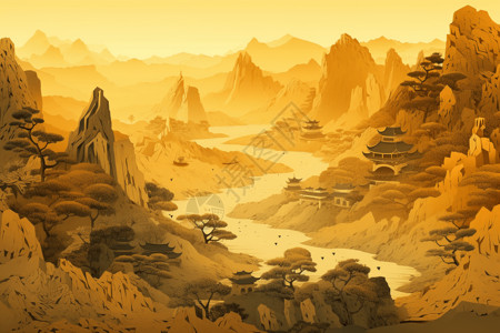 中国地形优美的黄山风景古风插画