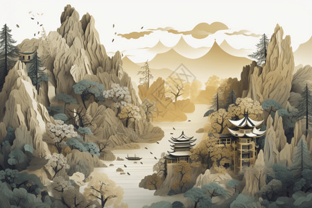 岩层黄山风景画插画