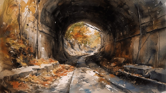 水彩绘画隧道背景图片