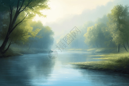 河景清晨柔和的河流插画