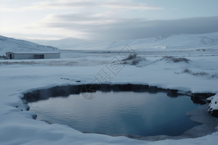 山脉中被白雪覆盖的的温泉池高清图片