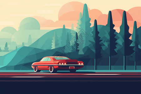 郊区道路一辆红色的小汽车在两边都是树林的道路上行驶插画