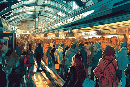 高峰地铁清晨，高峰时段拥挤的火车站插图插画