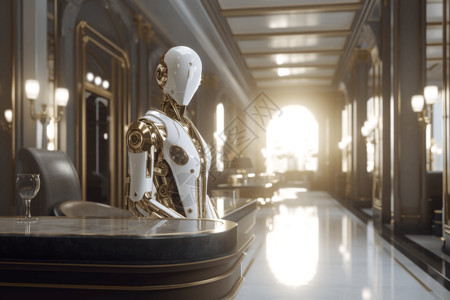 未来酒店桌前的白色机器人背景