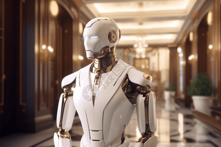 未来酒店走廊中的机器人背景