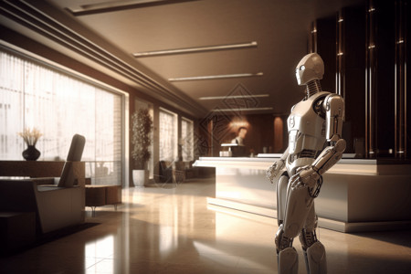 未来酒店客厅中的机器人背景