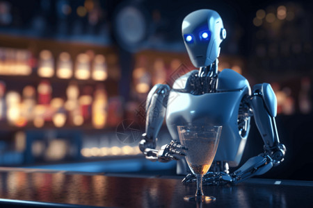 酒吧调酒师眼睛发光的白色机器人插画
