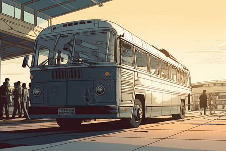 长途客运站机场的巴士插画