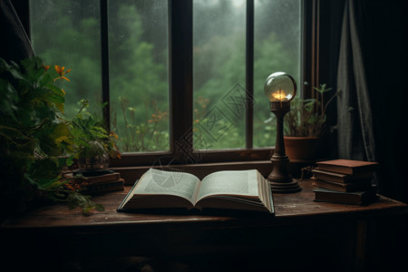 在下雨的窗前翻开书阅读高清图片