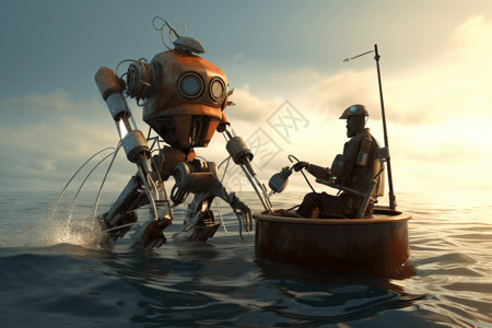 从水中捕鱼机器人渔民创意概念插画插画