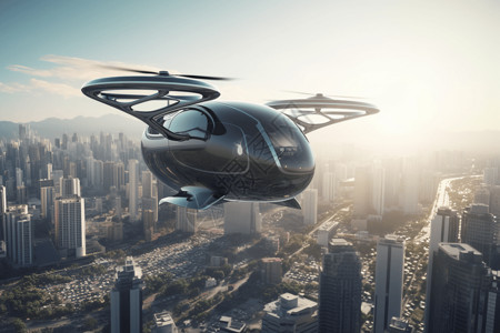 直升机在飞行高科技悬停车辆在城市天际线上概念设计图片