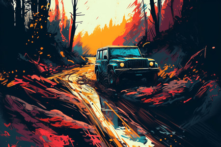 蓝色吉普车吉普车在森林里冒险前行插画
