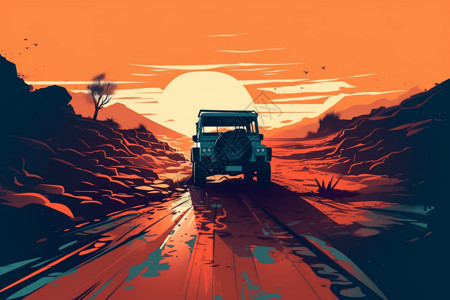 全地形越野车泥泞地形中行驶的吉普车插画