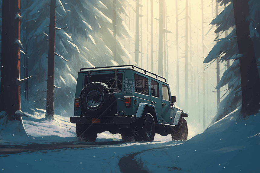 吉普车在白雪皑皑的森林行驶图片