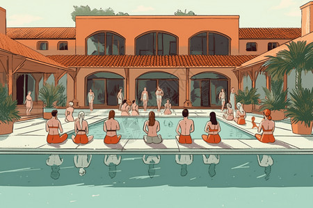 在游泳池旁进行瑜伽课插画