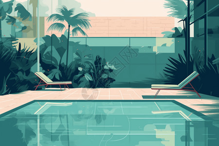 宁静游泳池的简约平面插图图片