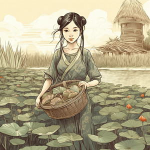 女孩在池塘中采莲蓬插画