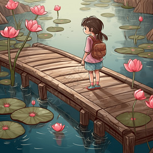 走在木桥上的女孩一个女孩站在木桥上插画