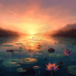 粉红色的日出日落的荷塘风景插画