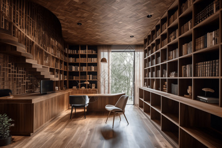 图书馆的木制书架高清图片