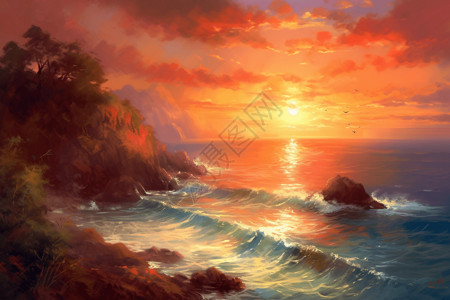 海浪夕阳与海岸图片