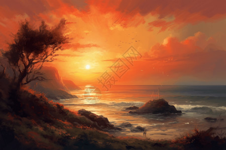 夕阳海岸风景画背景图片