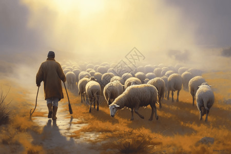 牧羊群牧羊人与绵羊群插画