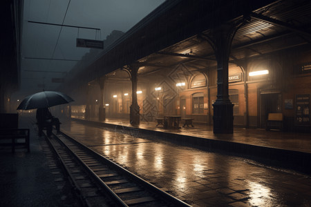 深夜暴雨期间的火车站图片