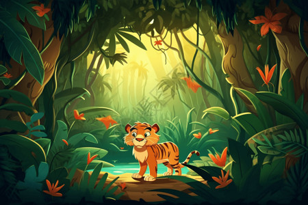 绿色藤蔓围绕丛林中凶猛的卡通老虎插画