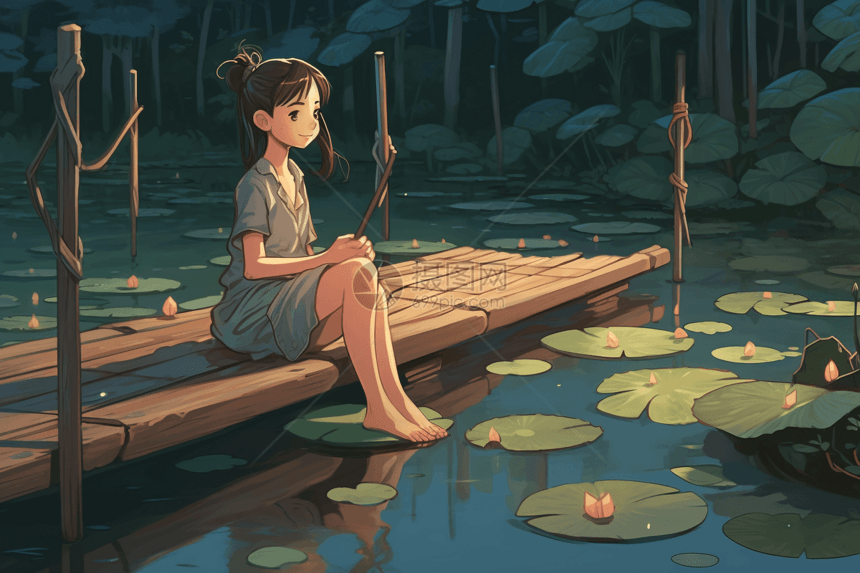 年轻的女孩坐在池塘边图片