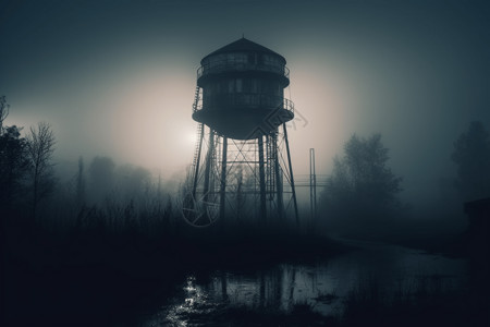迷雾中的水塔背景图片
