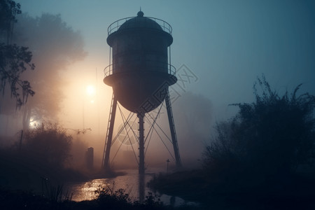 大雾中的水塔图片
