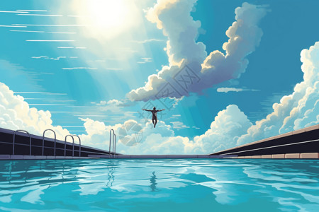 空中游泳池一个游泳者跳入泳池插画