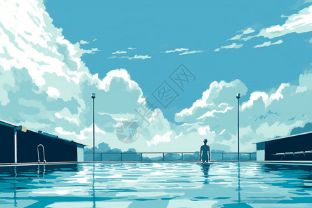 游泳池下砖块蓝天白云下的泳池插画